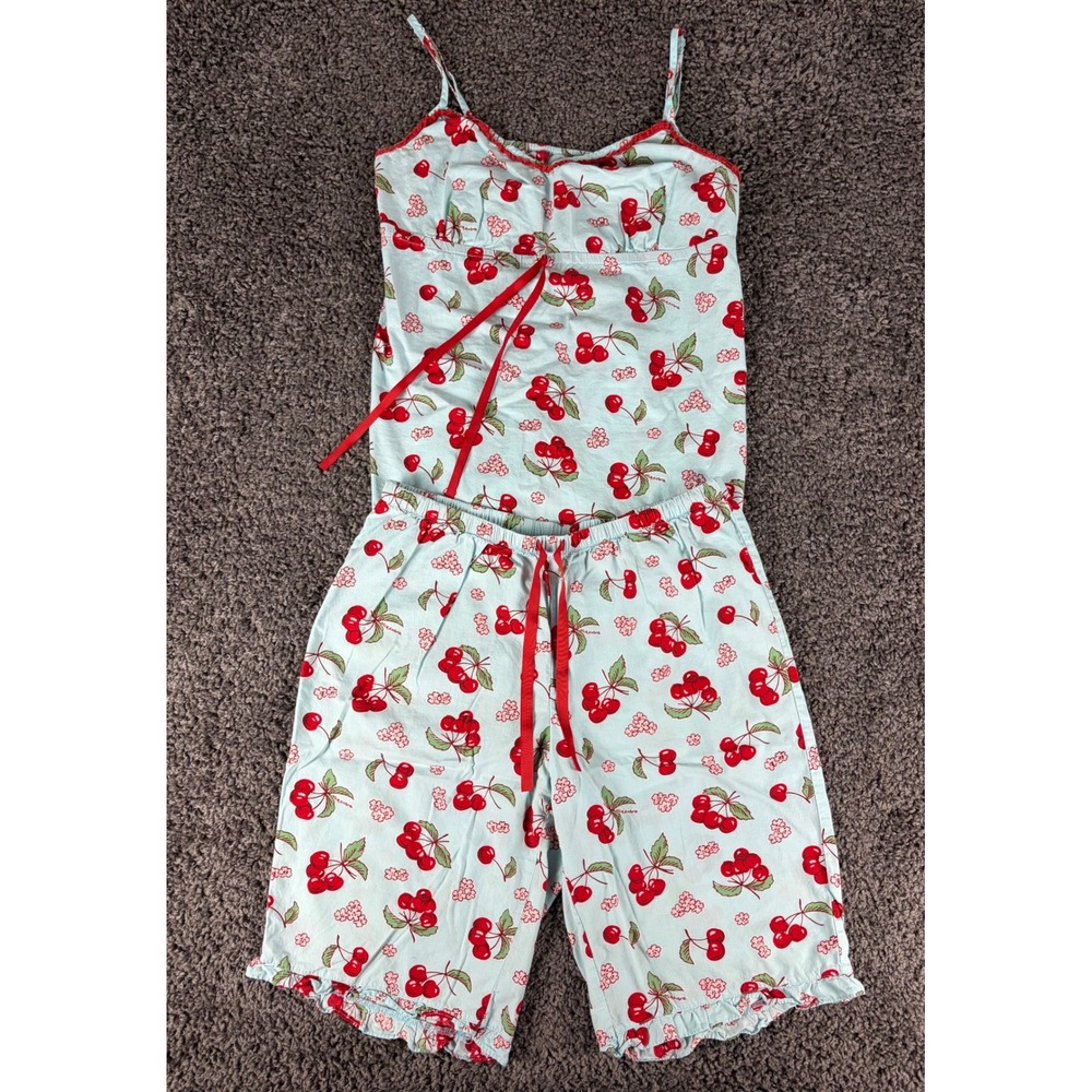 Nick & Nora Womens Blue Cherry Print Cotton Pajama Set Cami and Shorts Size M